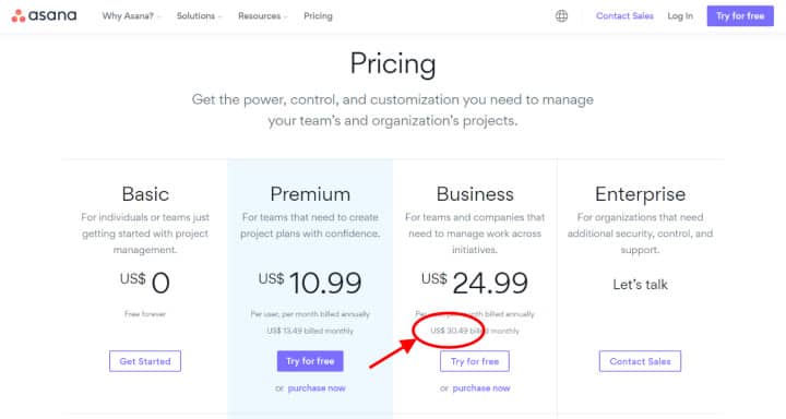 Asana price plans