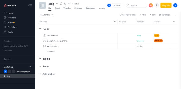 Asana user interface