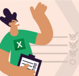 Illustration of a person wearing a shirt with the Excel logo and holding a checklist.