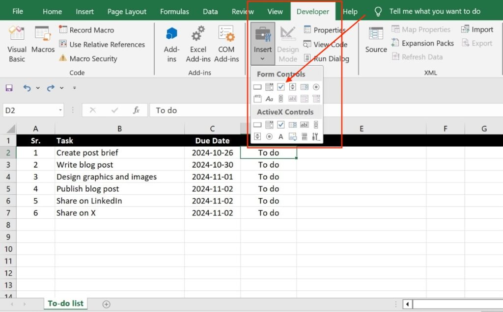 Insert a checkbox in the checklist