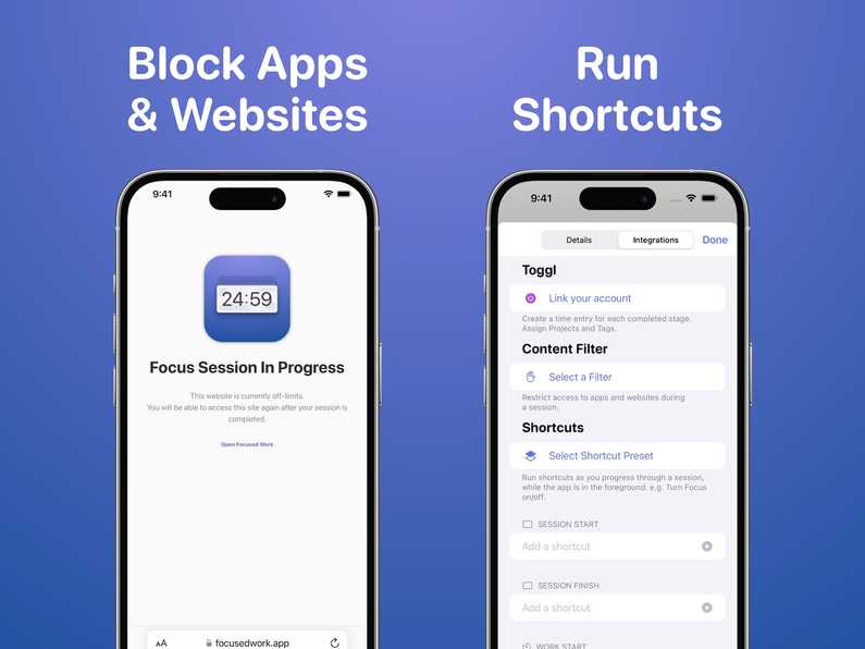 Screenshot of Focused Work app that works with Toggl Track