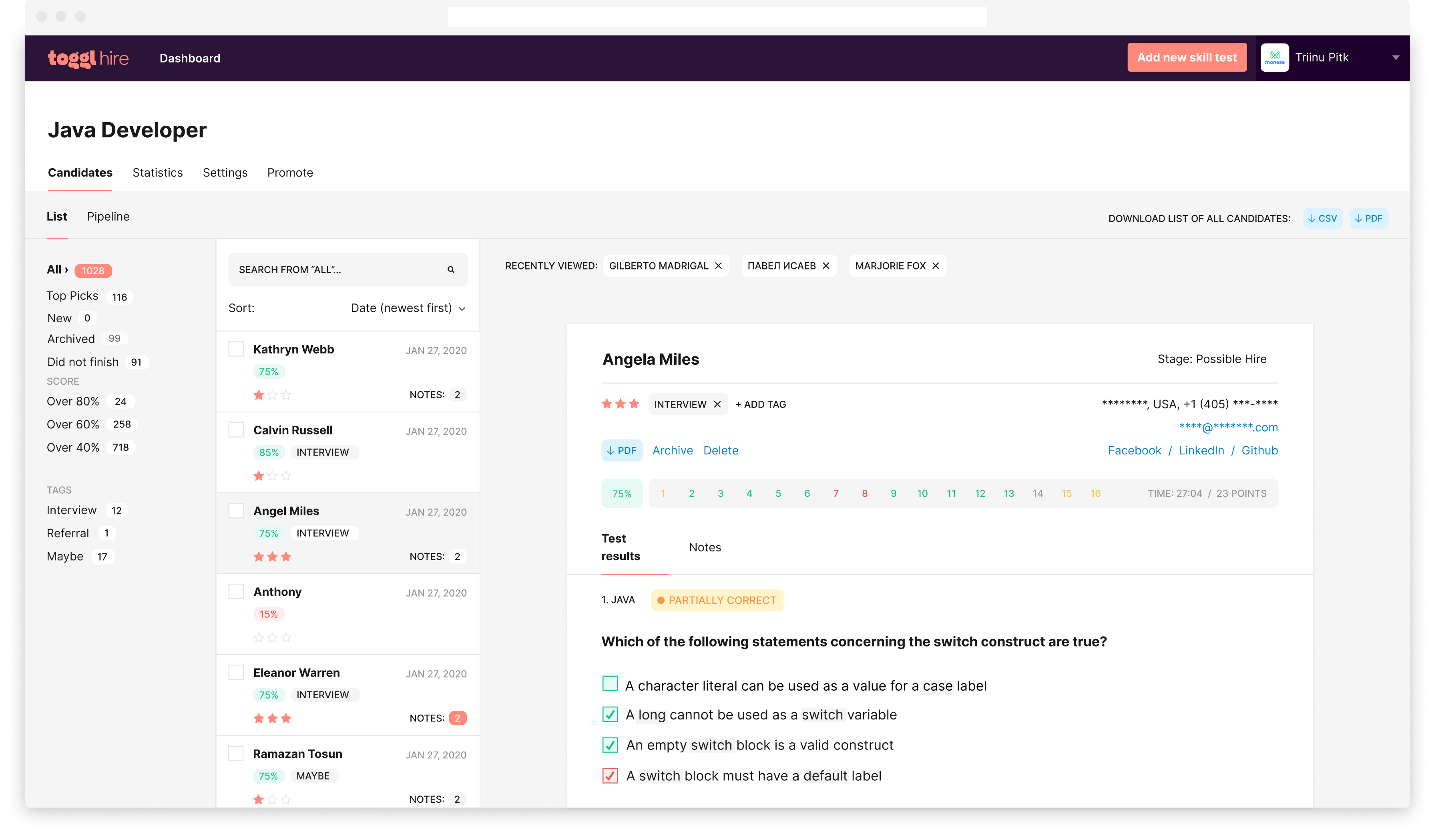 screenshot of Monese candidate view on Toggl Hire