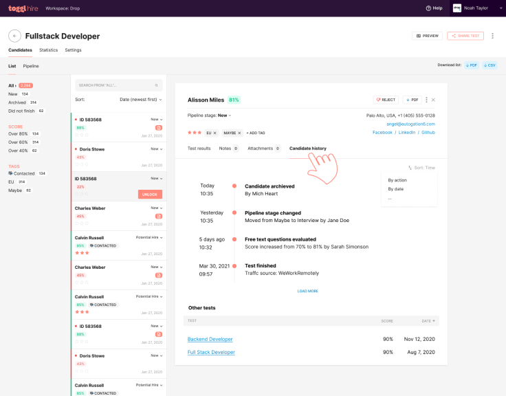 screenshot of candidate history on toggl hire
