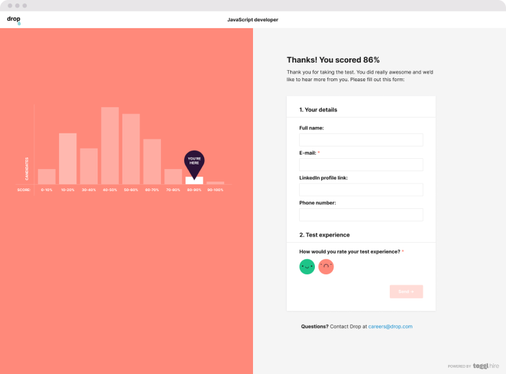 screenshot of skill test result page used for instant feedback
