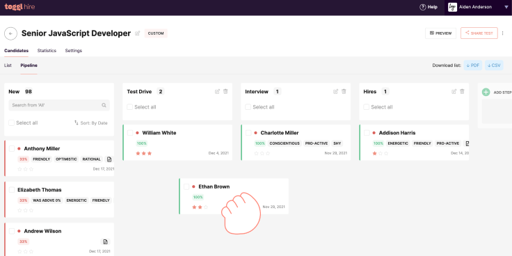 screenshot of pipeline view stages on toggl hire