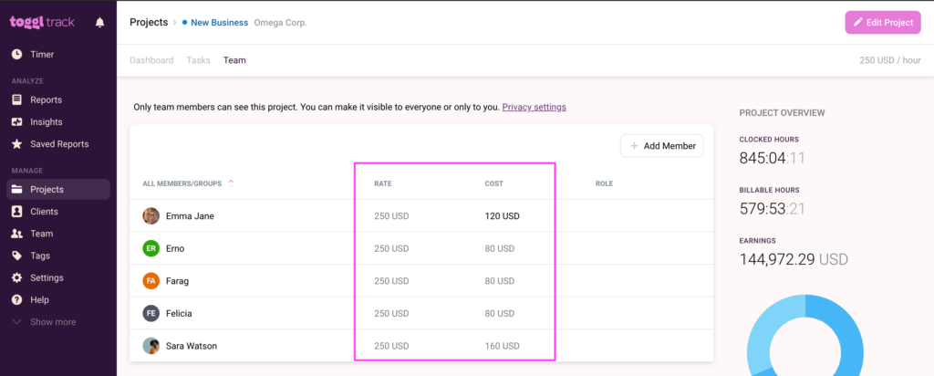 Adding labor costs in Toggl Track.