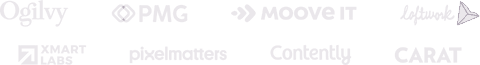 Company logos: Ogilvy, PMG, Moove It, Loftwork, Xmart Labs, Pixelmatters, Contently, CARAT