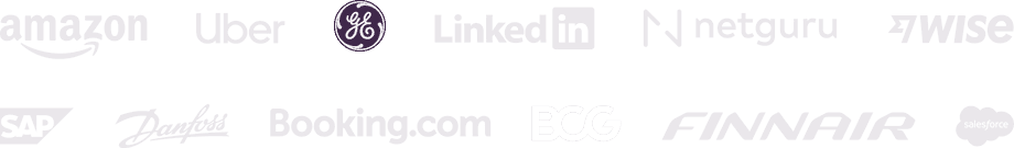 Company logos: Amazon, Uber, GE, LinkedIn, Netguru, Wise, SAP, Danfoss, Booking.com, BCG, Finnair, Salesforce
