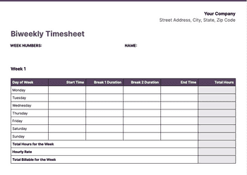 Screenshot of Biweekly timesheet