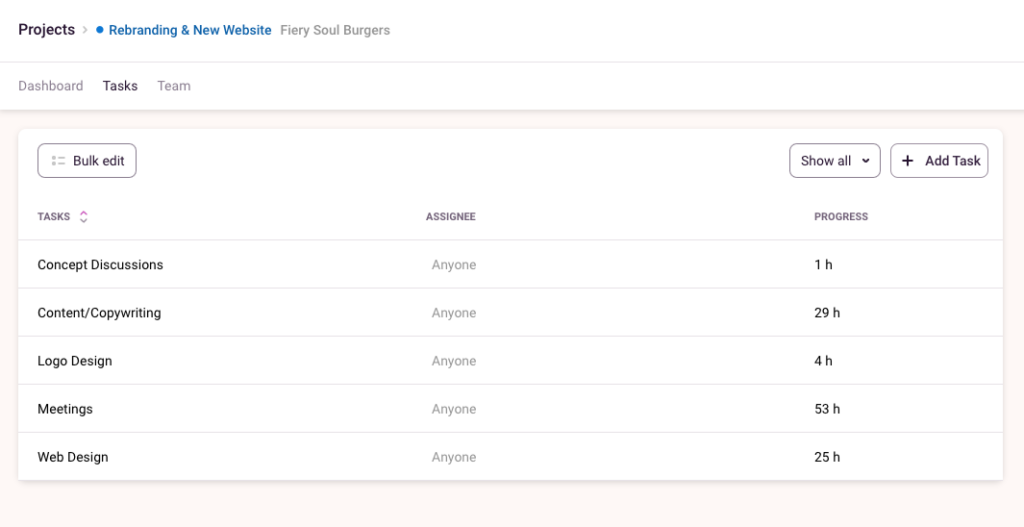 Examples of project tasks in Toggl Track