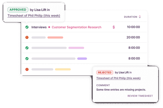 Screenshot of time entries with approval or rejection by a manager