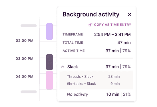 Toggl Track screenshot of background activity feature where users can convert desktop activity to time entries