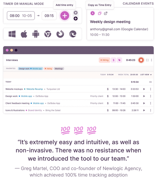 Elements of different timer modes and apps with Toggl Track, accompanied with a quote about 100% time tracking adoption with Toggl Track achieved by Newlogic Agency