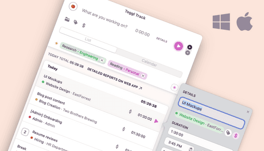 Toggl Track screenshot of desktop apps
