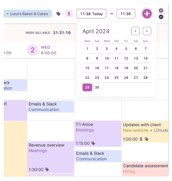 Screenshot of manual time entry in calendar view