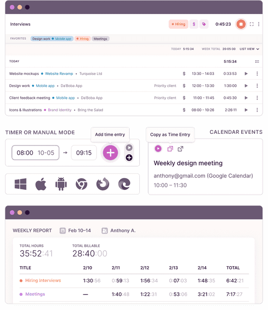 Elements of different timer modes and apps with Toggl Track with a weekly timesheet report