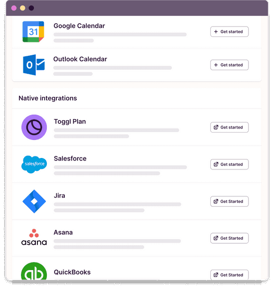 Stylized screenshot of the integration page on Toggl Track's web app, highlighting native integrations with Toggl Plan, QuickBooks, Jira, Salesforce and Asana