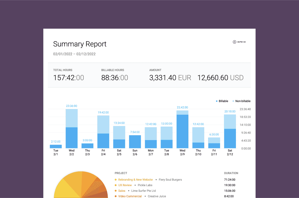 Screenshot of Toggl Track Summary reports (PDF)