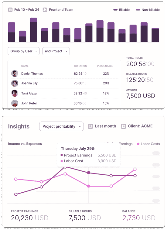 Different types of reporting with Toggl Track such as Reports and Insights showing project profitability