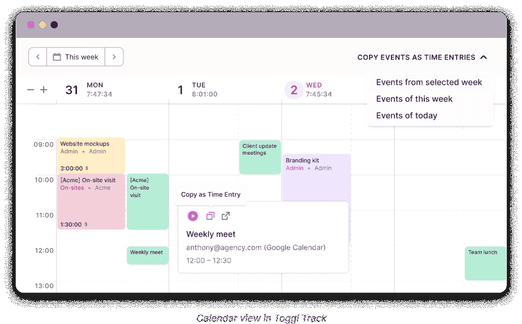 Calendar view of Toggl Track