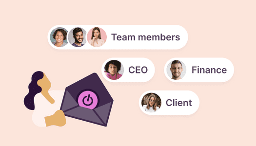An illustration of a woman holding an email invite, dedicated to team members, the finance team, clients, and the CEO