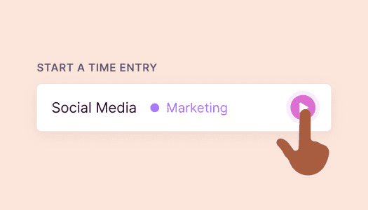An hand illustration clicks on the play button to start the Toggl Track timer