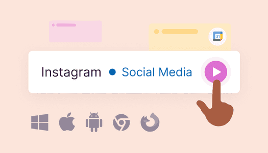 An illustration of a hand clicking on the 'Start timer' button with the macOS/iOS, Android, Windows, Chrome, and Firefox icons on the bottom left