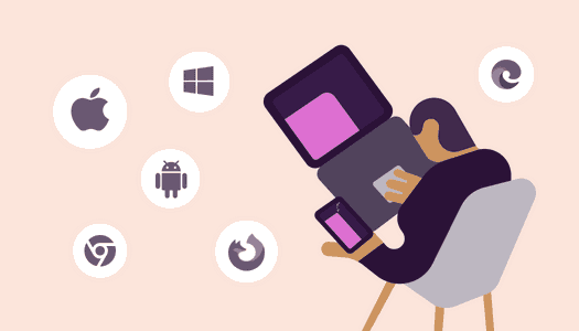 An illustration of a man on the phone and laptop with icons with Apple, Android and browser icons floating around him