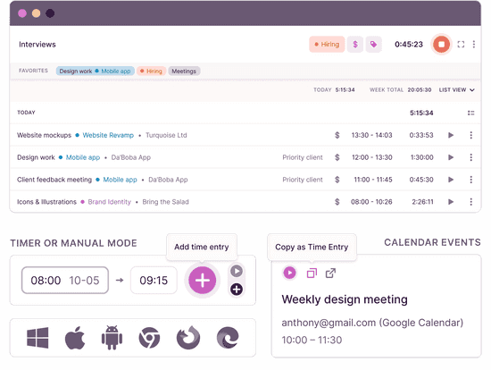 Screenshot of time tracking snippets spent on projects
