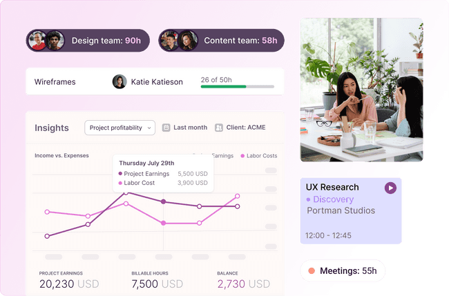 Snippets of the timer and reporting features in Toggl Track