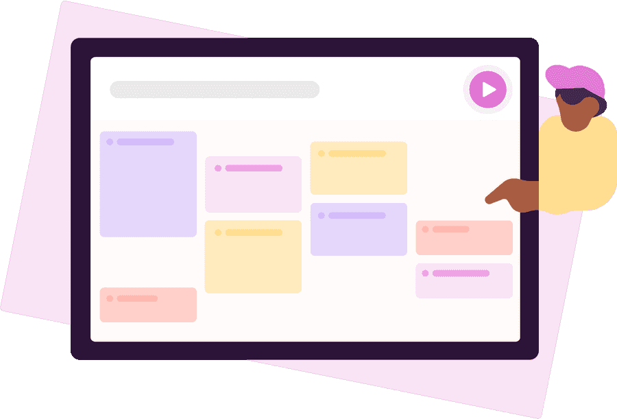 Stylized illustration of Toggl Track's calendar view with a human pointing at a button