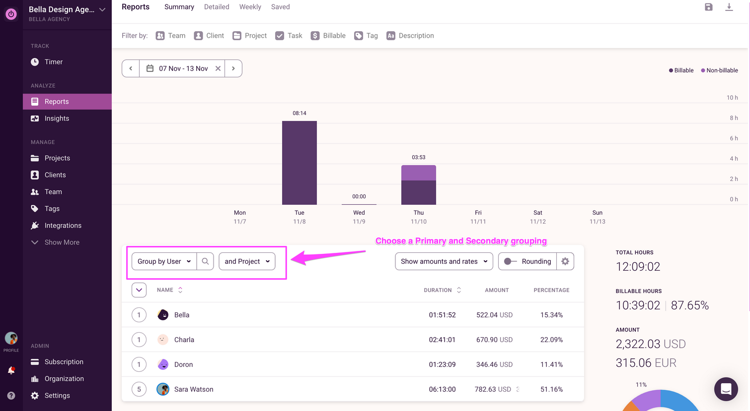 Screenshot of Toggl Track showing report filters.