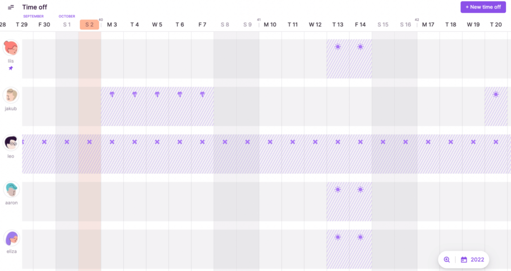 Toggl Plan screenshot showing the Time Off feature.