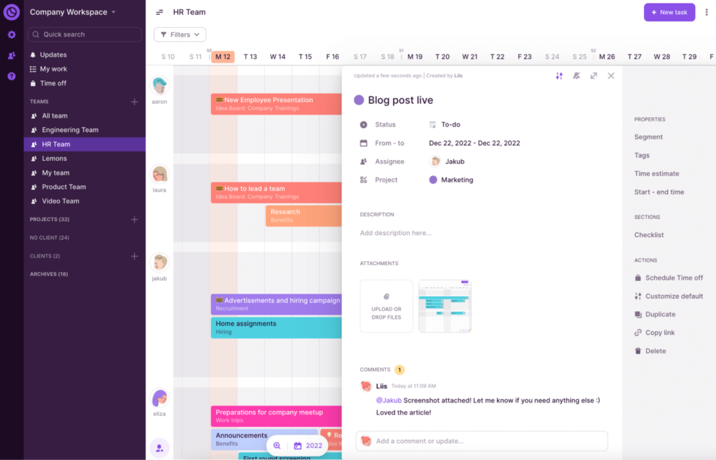 Screenshot showing Toggl Plan's team communication features.