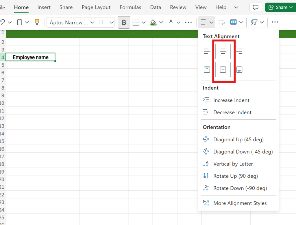 Excel screenshot showing how to set text alignment.
