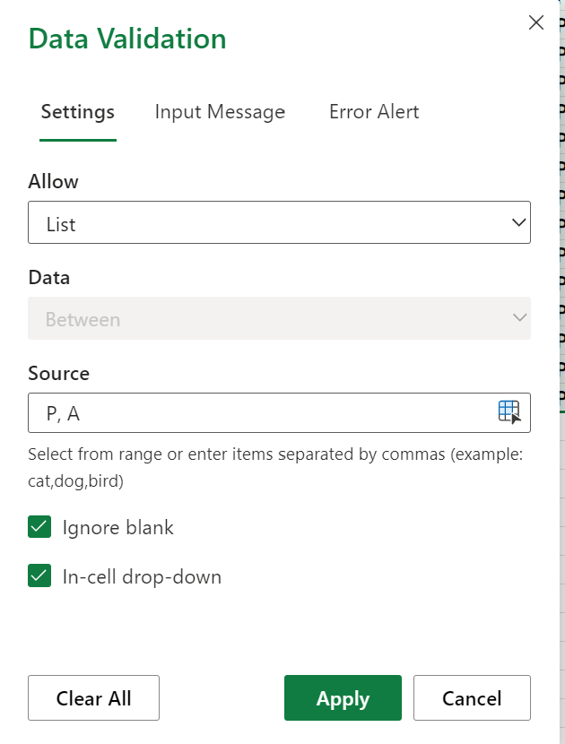 Excel data validation screenshot