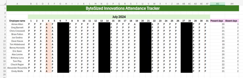 Excel screenshot of a finished attendance tracker sheet.