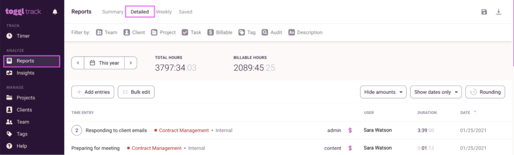 Detailed report in Toggl Track