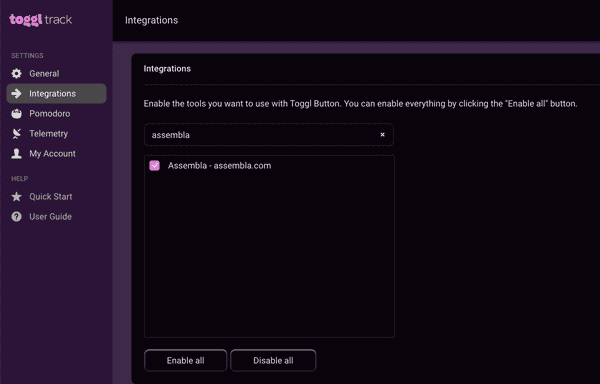 Enable the integration in the Settings page