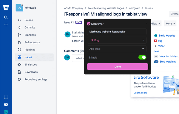 Start the timer in Bitbucket
