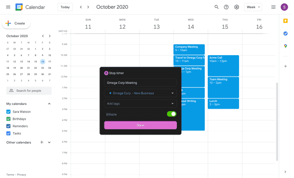 Start the timer in Google Calendar