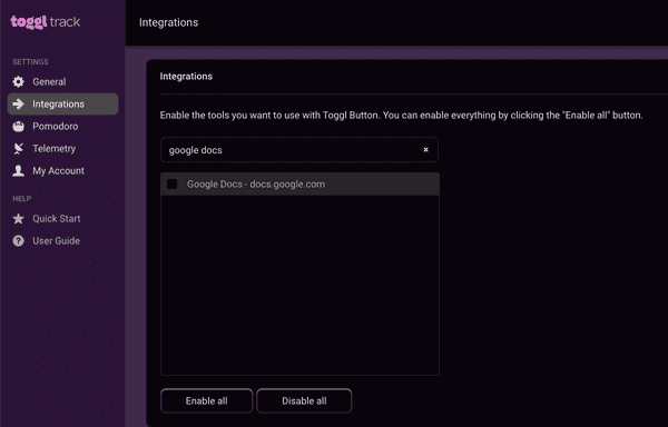 Enable the integration in the Settings page