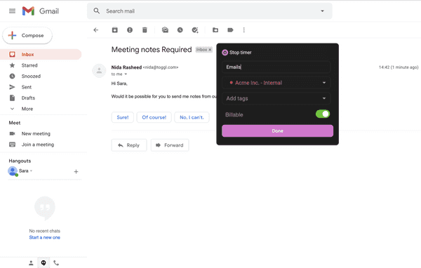 Start the timer in Gmail