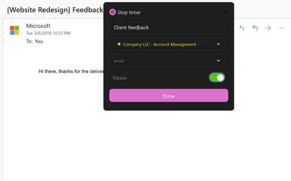 Start the timer in Outlook Calendar