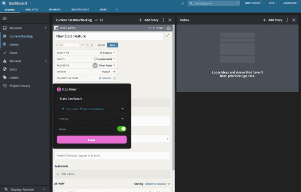 Start the timer in Pivotal Tracker