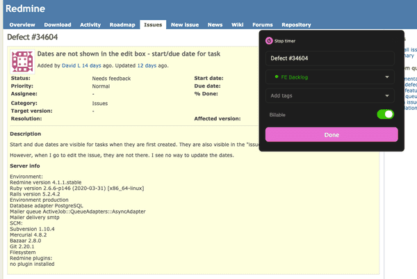 Start the timer in Redmine