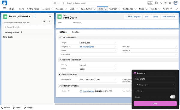Start the timer in Salesforce