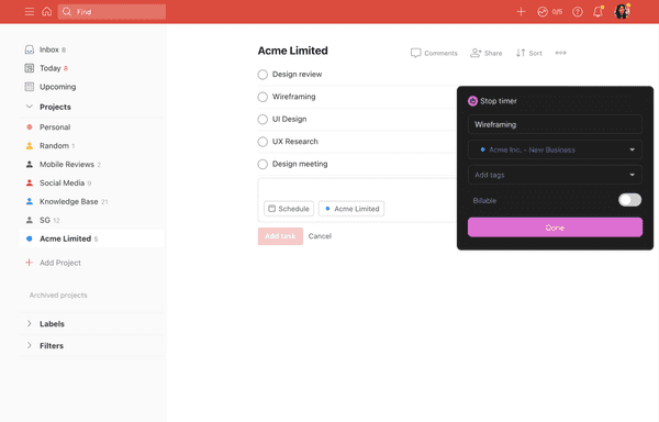 Start the timer in Todoist