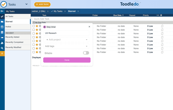 Start the timer in Toodledo