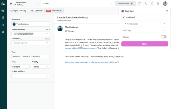 Start the timer in Zendesk